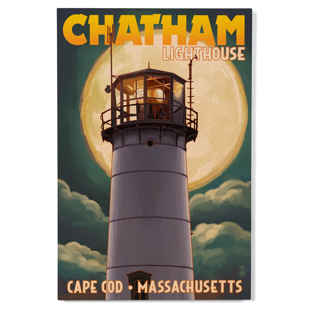 Cape Cod, Massachusetts, Chatham Light & Full Moon, Lantern Press Artwork, Wood Signs and Postcards - Lantern Press