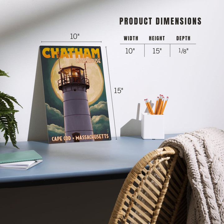 Cape Cod, Massachusetts, Chatham Light & Full Moon, Lantern Press Artwork, Wood Signs and Postcards - Lantern Press