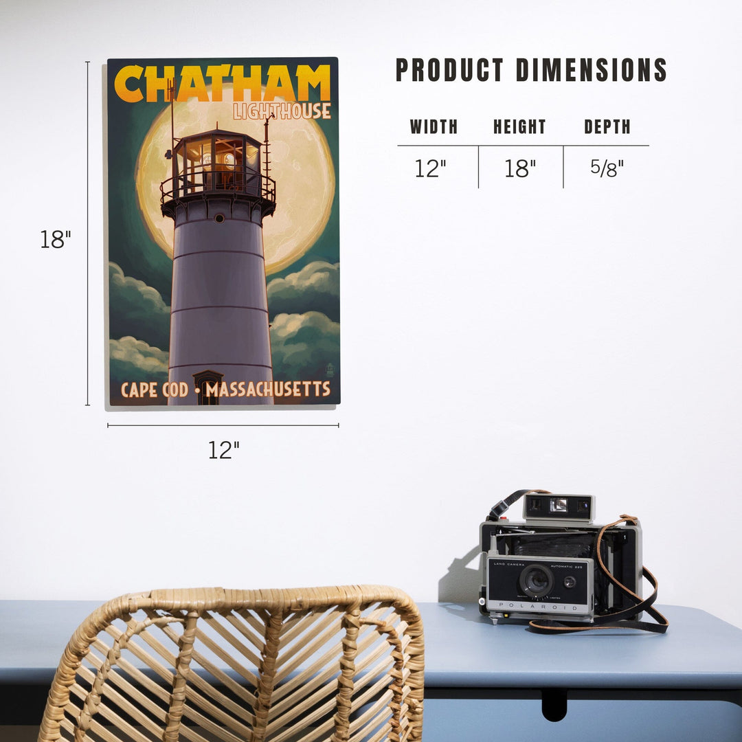 Cape Cod, Massachusetts, Chatham Light & Full Moon, Lantern Press Artwork, Wood Signs and Postcards - Lantern Press
