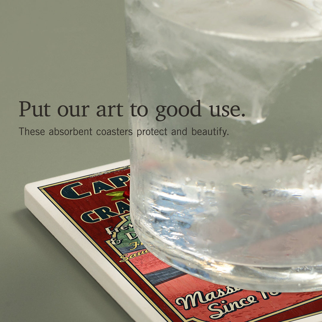 Cape Cod, Massachusetts, Cranberry Vintage Sign, Coasters Coasters Lantern Press