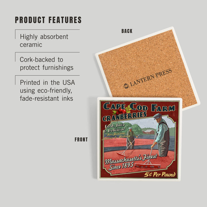 Cape Cod, Massachusetts, Cranberry Vintage Sign, Coasters Coasters Lantern Press