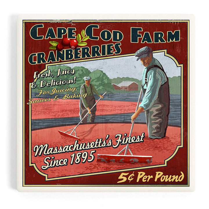 Cape Cod, Massachusetts, Cranberry Vintage Sign, Coasters Coasters Lantern Press Coaster