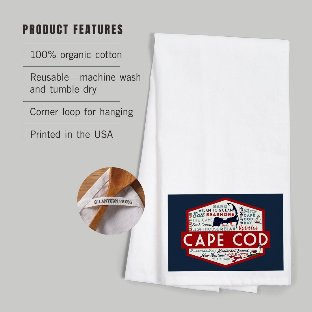 Cape Cod, Massachusetts, Dennis Port, Typography and Icons, Contour, Organic Cotton Kitchen Tea Towels Kitchen Lantern Press