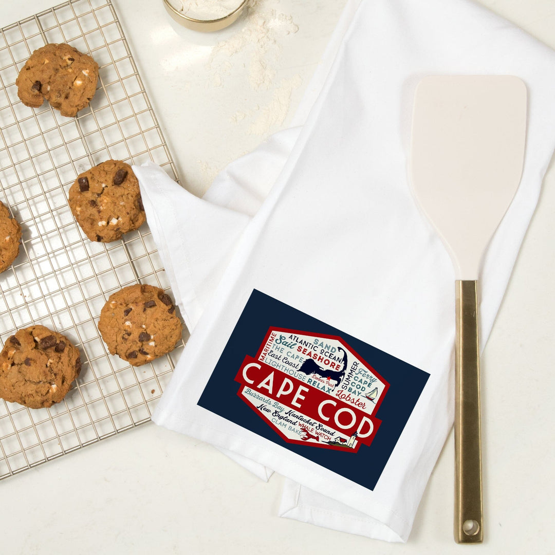 Cape Cod, Massachusetts, Dennis Port, Typography and Icons, Contour, Organic Cotton Kitchen Tea Towels Kitchen Lantern Press