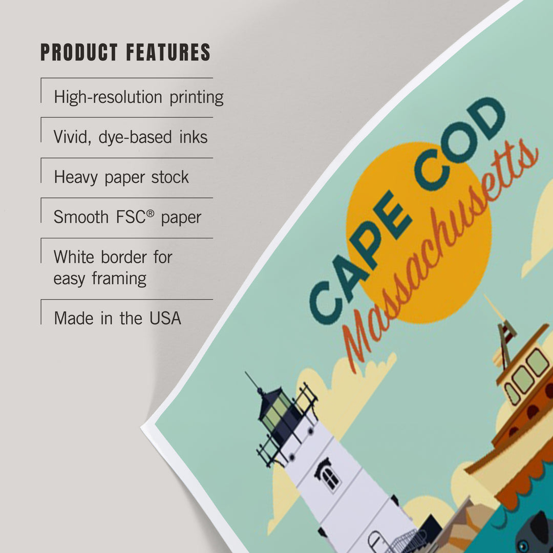 Cape Cod, Massachusetts, Geometric, Beach and Lighthouse, Art & Giclee Prints Art Lantern Press