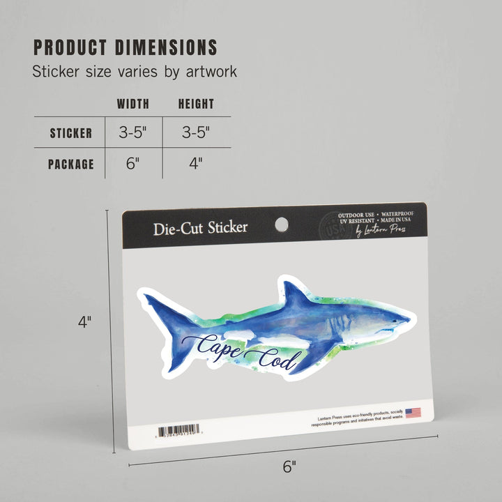 Cape Cod, Massachusetts, Great White Shark, Watercolor, Contour, Lantern Press Artwork, Vinyl Sticker - Lantern Press