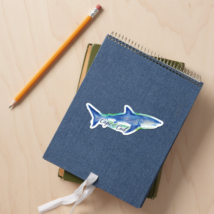 Cape Cod, Massachusetts, Great White Shark, Watercolor, Contour, Lantern Press Artwork, Vinyl Sticker - Lantern Press