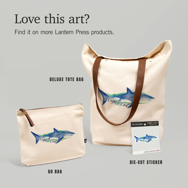 Cape Cod, Massachusetts, Great White Shark, Watercolor, Contour, Lantern Press Artwork, Vinyl Sticker - Lantern Press
