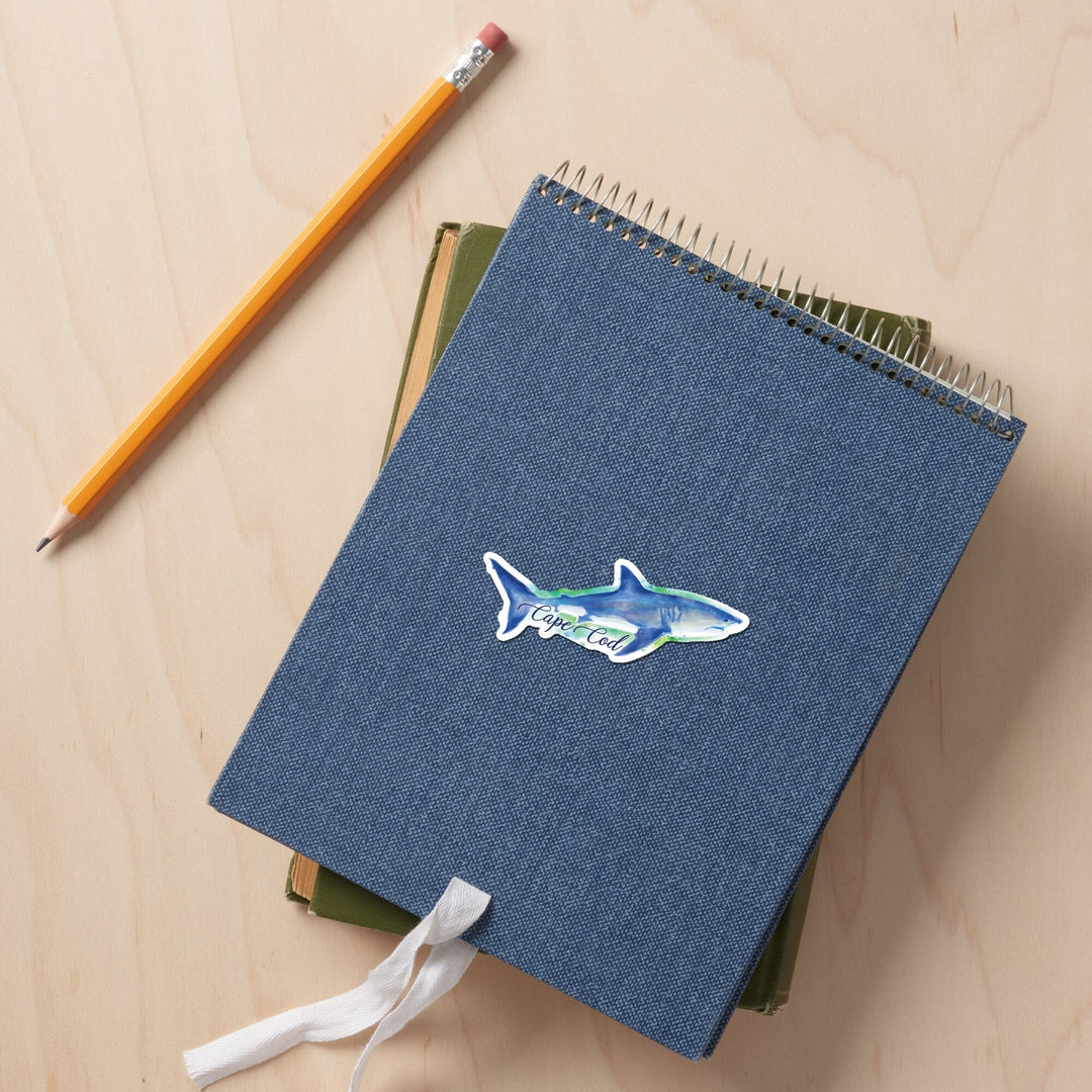 Cape Cod, Massachusetts, Great White Shark, Watercolor, Contour, Lantern Press Artwork, Vinyl Sticker - Lantern Press