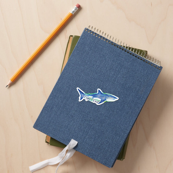 Cape Cod, Massachusetts, Great White Shark, Watercolor, Contour, Lantern Press Artwork, Vinyl Sticker - Lantern Press
