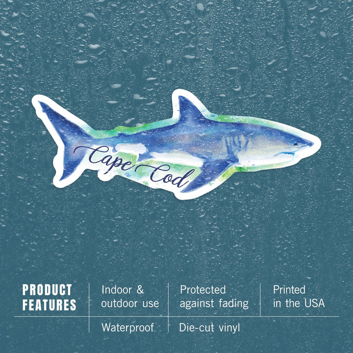 Cape Cod, Massachusetts, Great White Shark, Watercolor, Contour, Lantern Press Artwork, Vinyl Sticker - Lantern Press