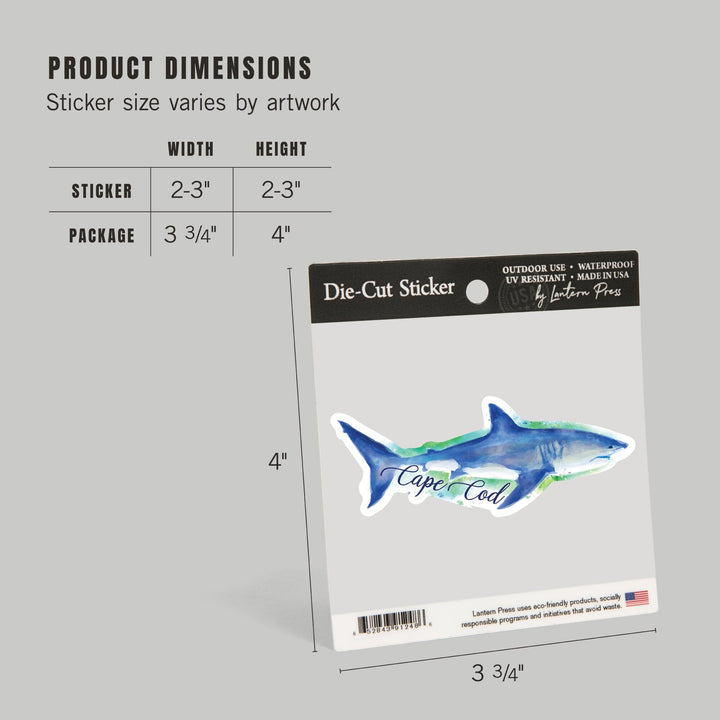 Cape Cod, Massachusetts, Great White Shark, Watercolor, Contour, Lantern Press Artwork, Vinyl Sticker - Lantern Press