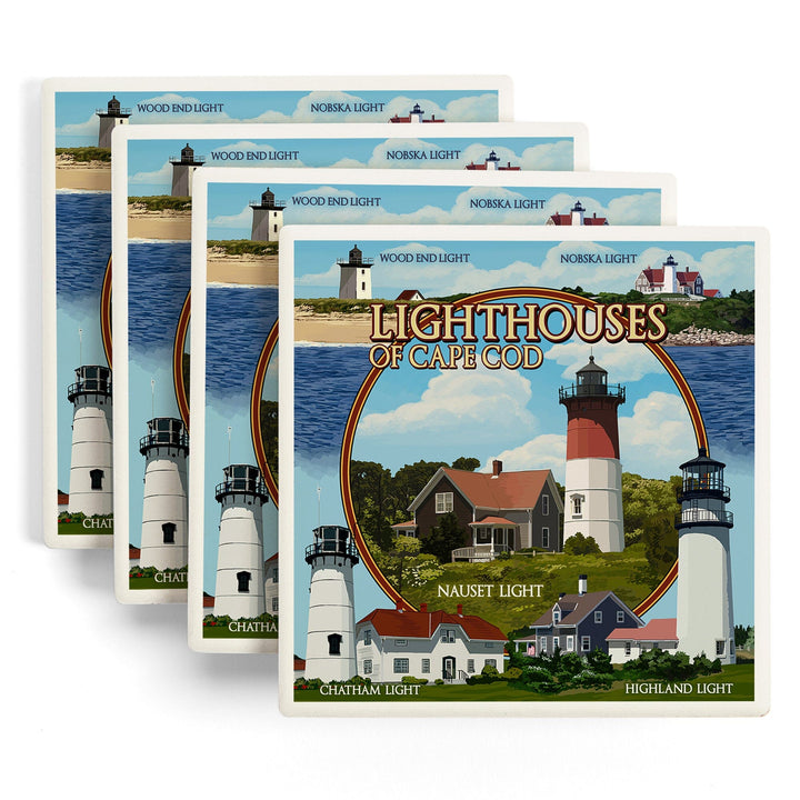 Cape Cod, Massachusetts, Lighthouses Montage, Coasters Coasters Lantern Press