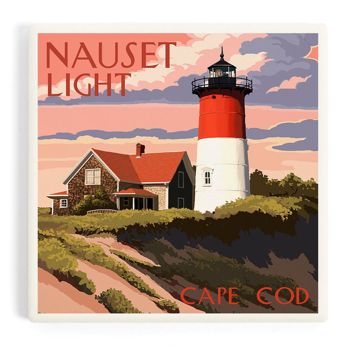 Cape Cod, Massachusetts, Nauset Light and Sunset, Coasters Coasters Lantern Press Coaster