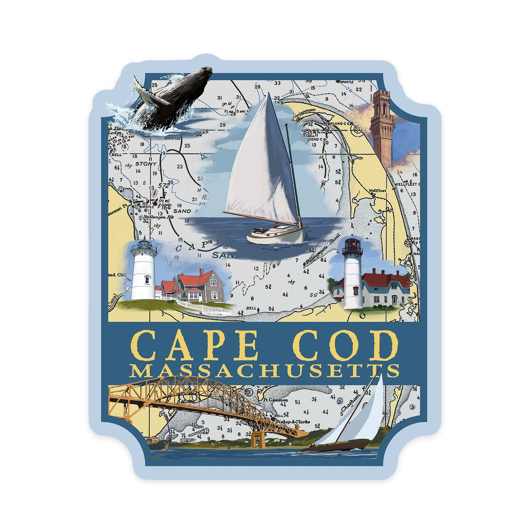 Cape Cod, Massachusetts, Nautical Chart, Contour, Vinyl Sticker - Lantern Press