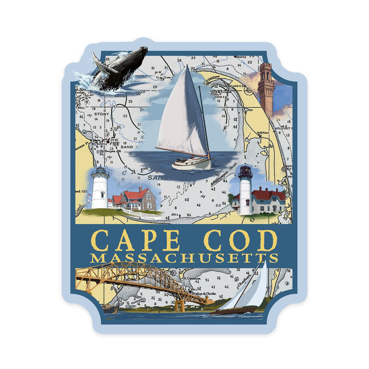 Cape Cod, Massachusetts, Nautical Chart, Contour, Vinyl Sticker - Lantern Press