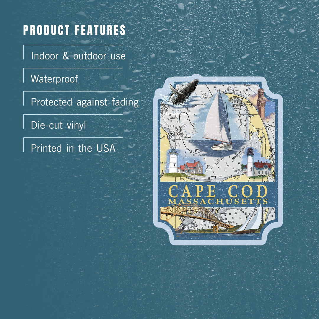Cape Cod, Massachusetts, Nautical Chart, Contour, Vinyl Sticker - Lantern Press