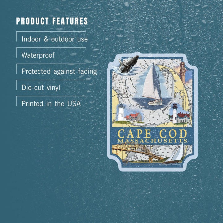 Cape Cod, Massachusetts, Nautical Chart, Contour, Vinyl Sticker - Lantern Press