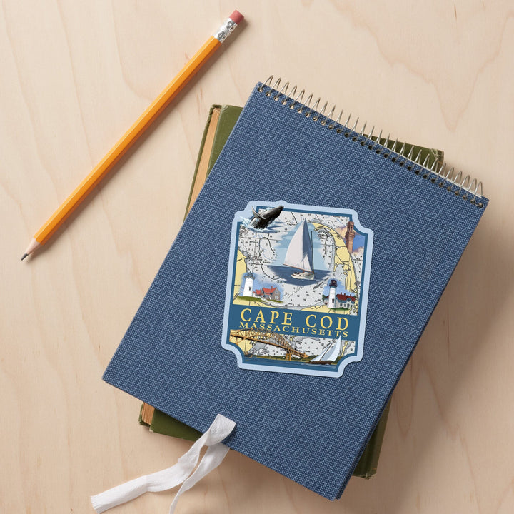 Cape Cod, Massachusetts, Nautical Chart, Contour, Vinyl Sticker - Lantern Press