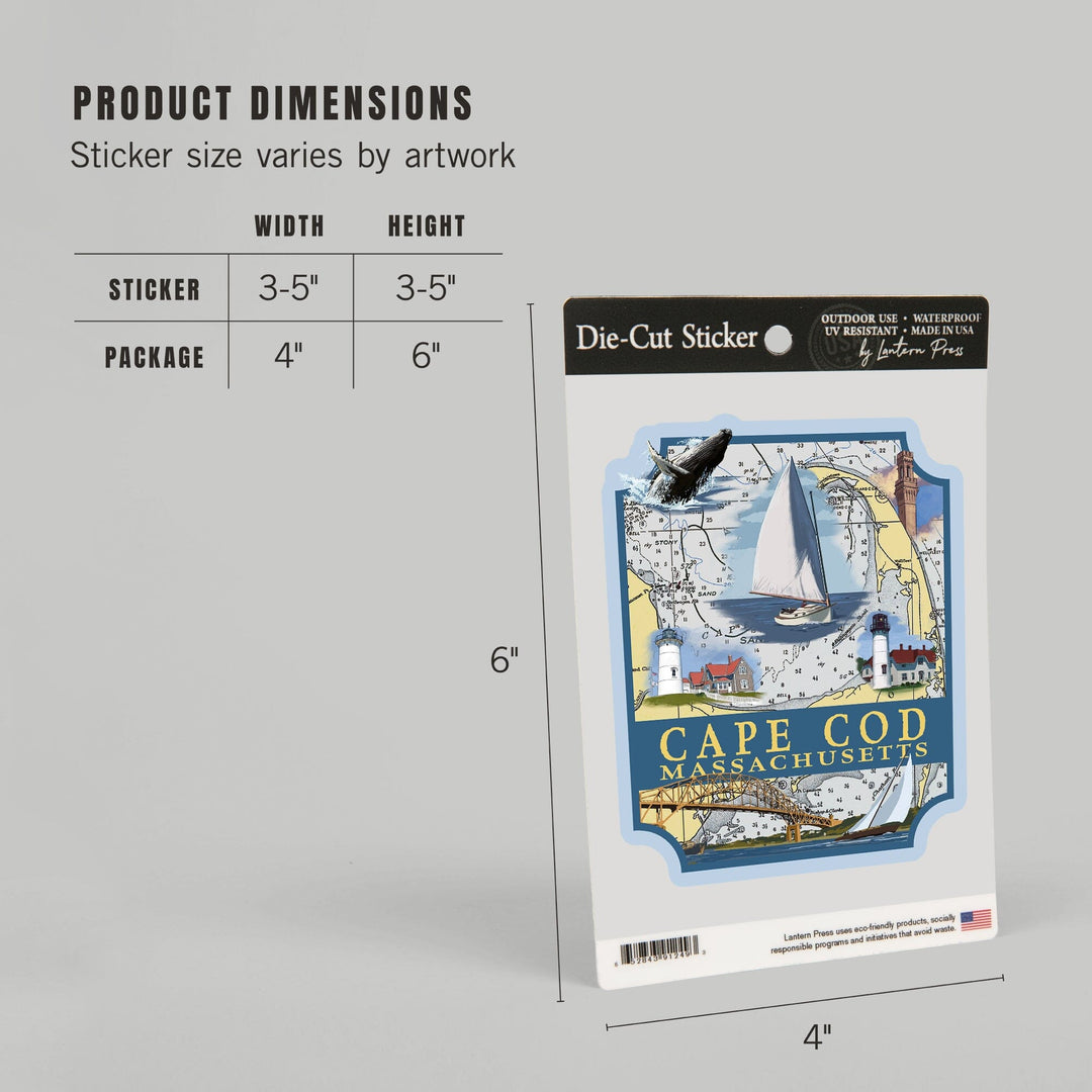 Cape Cod, Massachusetts, Nautical Chart, Contour, Vinyl Sticker - Lantern Press