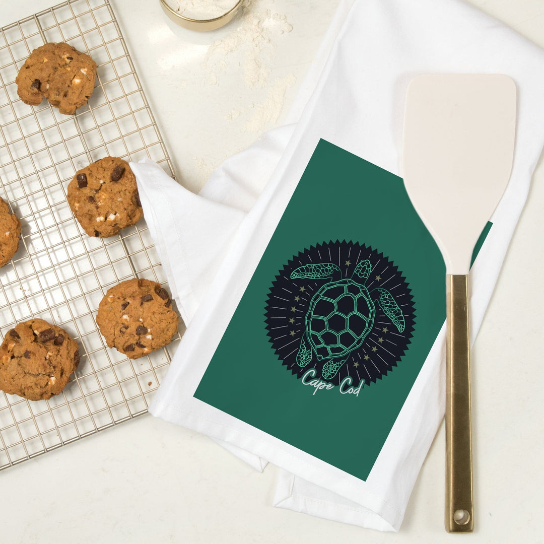 Cape Cod, Massachusetts, Neon Turtle, Navy Background, Contour, Organic Cotton Kitchen Tea Towels Kitchen Lantern Press