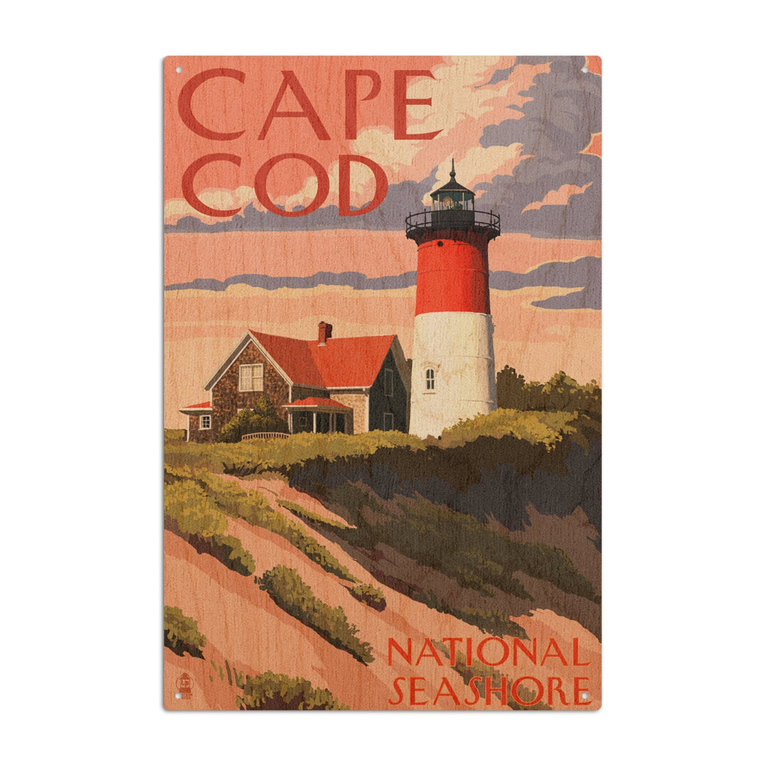 Cape Cod National Seashore, Massachusetts, Nauset Light & Sunset, Lantern Press Artwork, Wood Signs and Postcards - Lantern Press