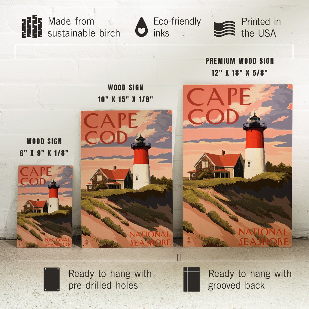Cape Cod National Seashore, Massachusetts, Nauset Light & Sunset, Lantern Press Artwork, Wood Signs and Postcards - Lantern Press