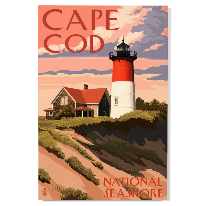 Cape Cod National Seashore, Massachusetts, Nauset Light & Sunset, Lantern Press Artwork, Wood Signs and Postcards - Lantern Press