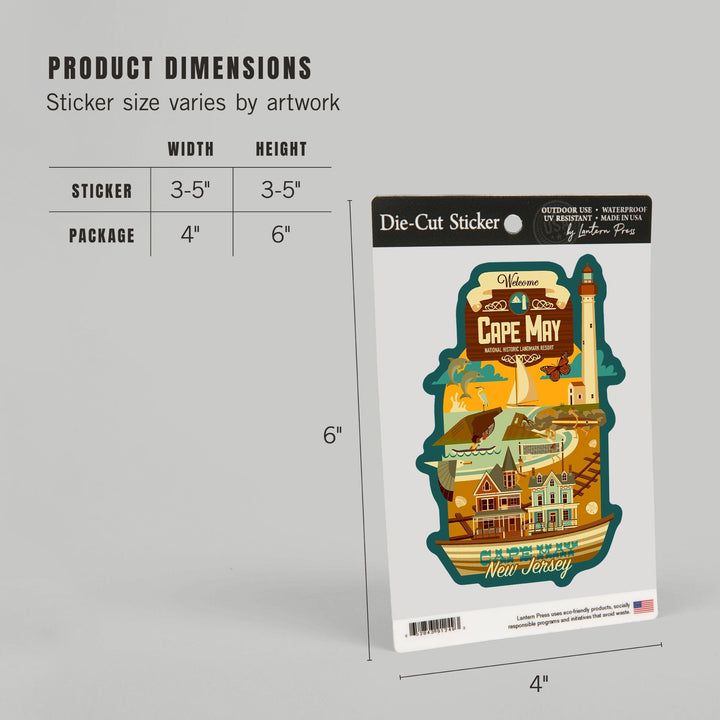 Cape May, New Jersey, Geometric, Blue Sky, Contour, Lantern Press Artwork, Vinyl Sticker - Lantern Press