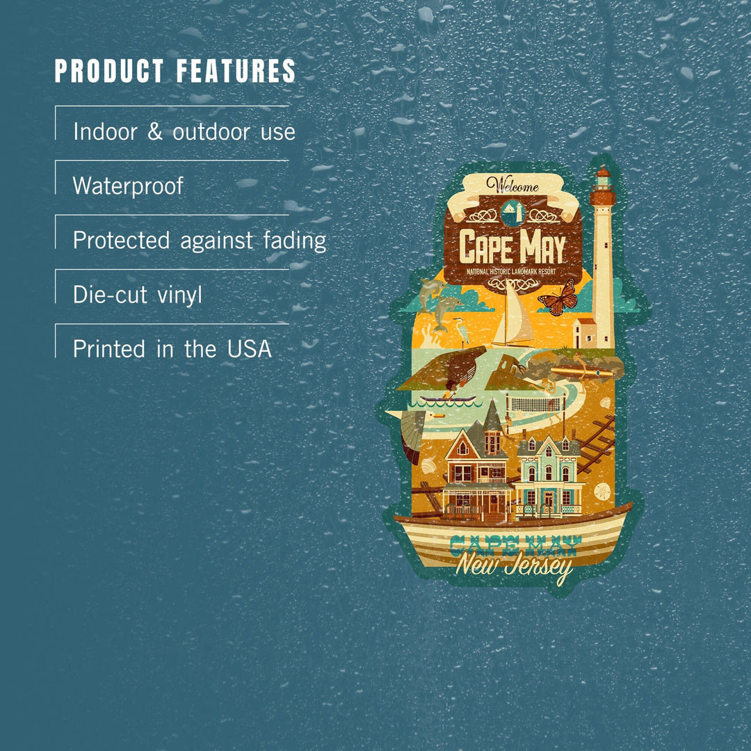 Cape May, New Jersey, Geometric, Blue Sky, Contour, Lantern Press Artwork, Vinyl Sticker - Lantern Press