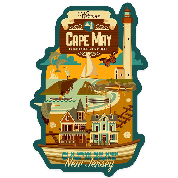 Cape May, New Jersey, Geometric, Blue Sky, Contour, Lantern Press Artwork, Vinyl Sticker - Lantern Press