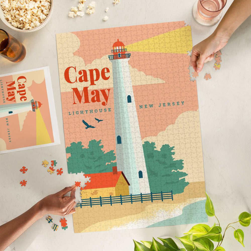 Cape May, New Jersey, Lighthouse Scene, Vector, Jigsaw Puzzle Puzzle Lantern Press