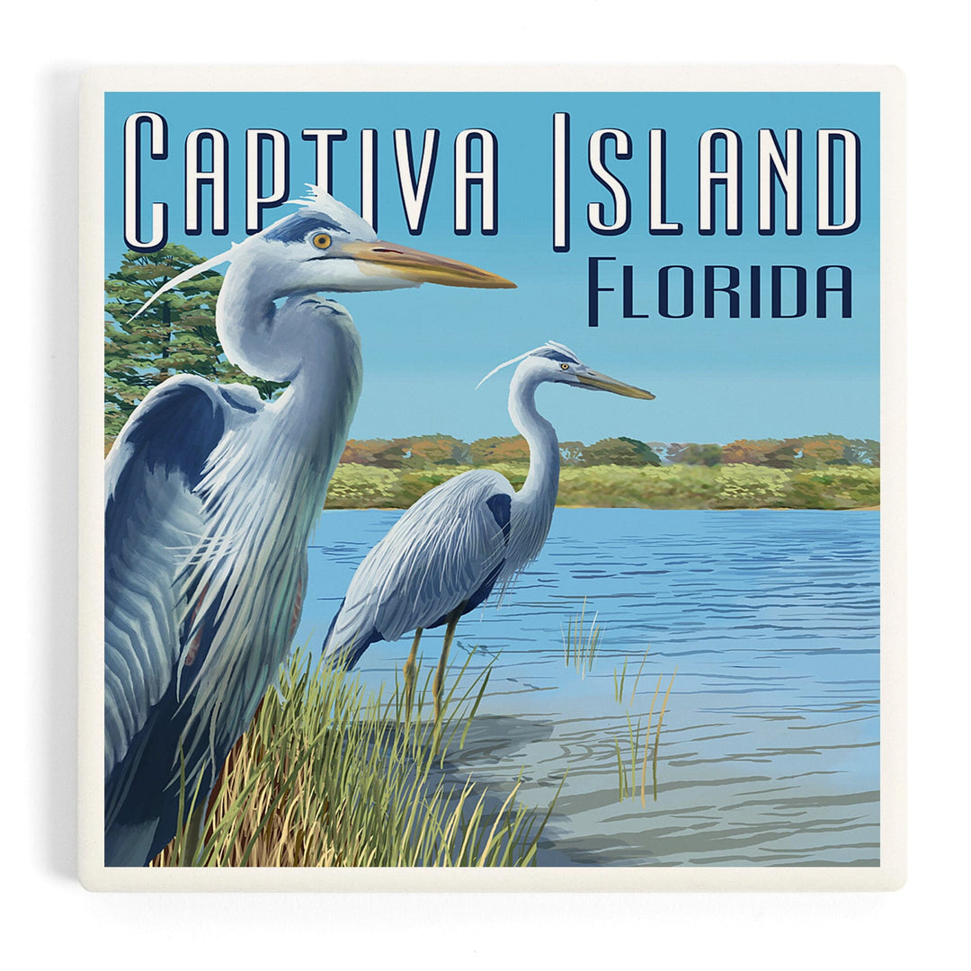 Captiva Island, Florida, Blue Herons in grass, Coasters Coasters Lantern Press Coaster