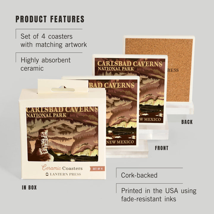 Carlsbad Caverns National Park, New Mexico, The Big Room, Lithograph, Coasters Coasters Lantern Press