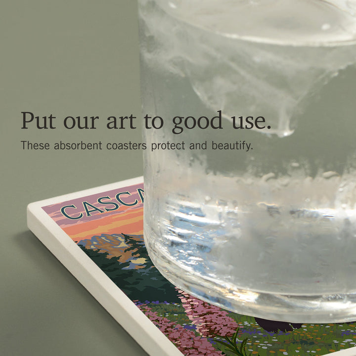 Cascade Mountains, Washington, Bears and Spring Flowers, Coasters Coasters Lantern Press