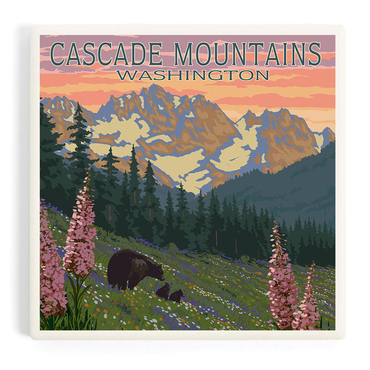 Cascade Mountains, Washington, Bears and Spring Flowers, Coasters Coasters Lantern Press Coaster