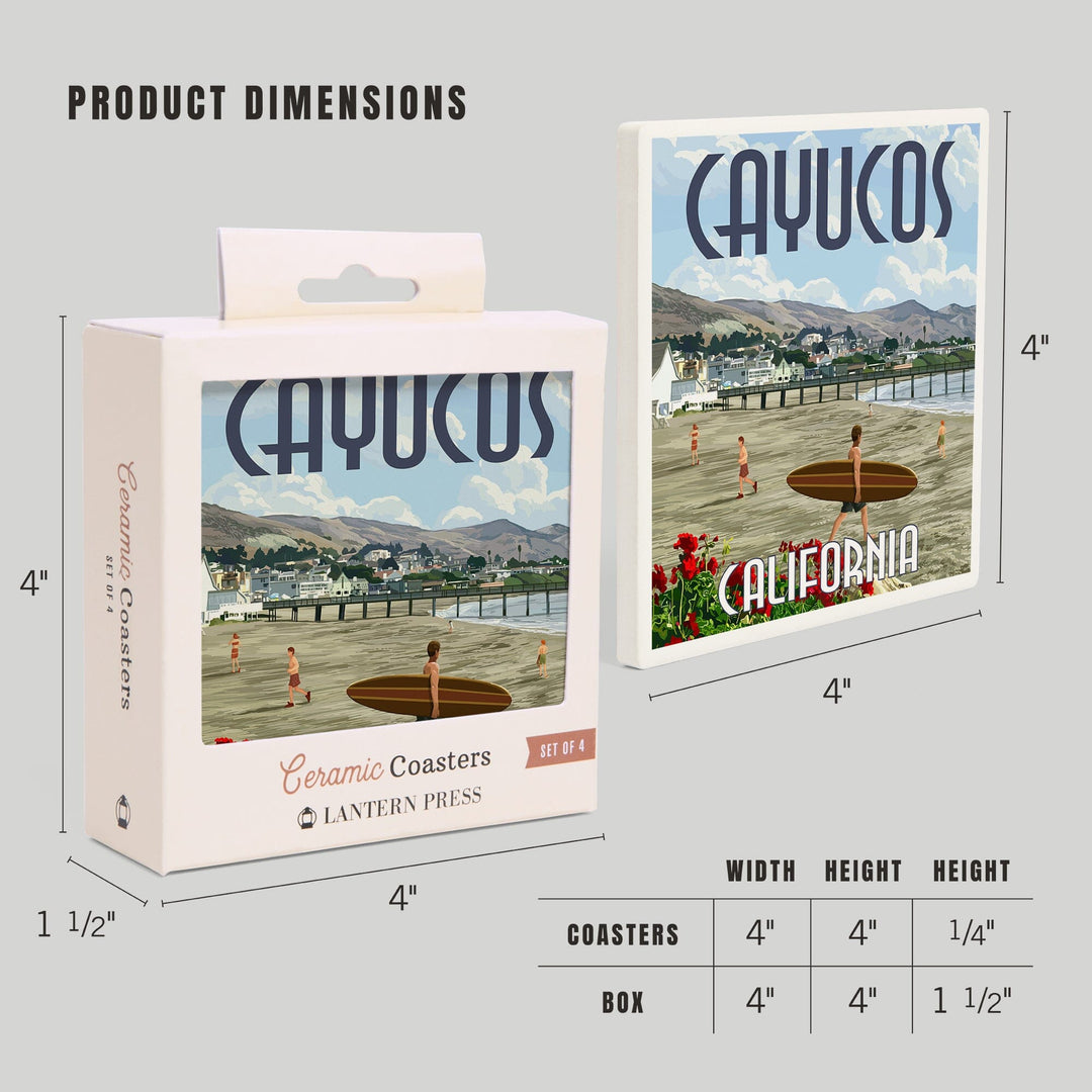 Cayucos, California, Beach and Pier Scene, Coasters Coasters Lantern Press