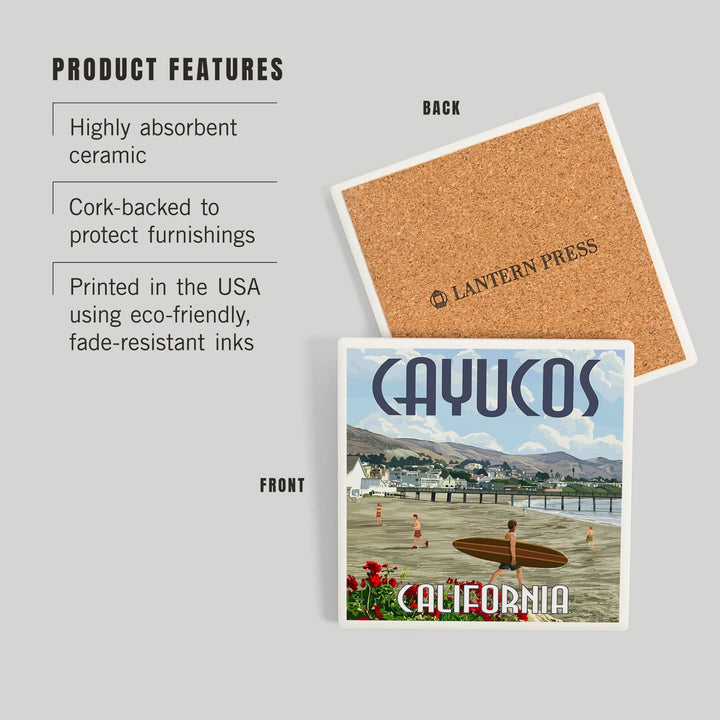 Cayucos, California, Beach and Pier Scene, Coasters Coasters Lantern Press