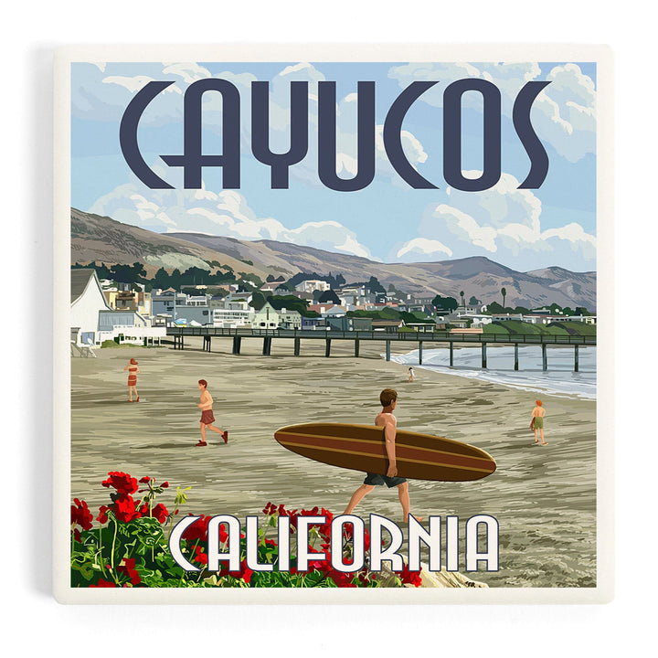 Cayucos, California, Beach and Pier Scene, Coasters Coasters Lantern Press Coaster