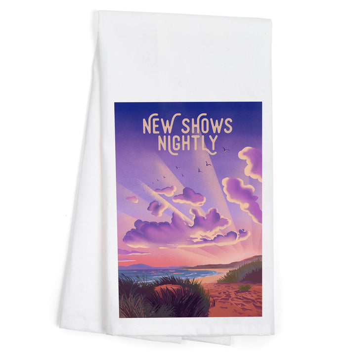 Lithograph, New Shows Nightly, Beach Sunset, Organic Cotton Kitchen Tea Towels