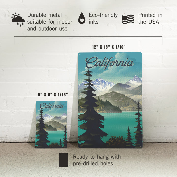 California, Lithograph, Lake and Mountains Scene, Metal Signs