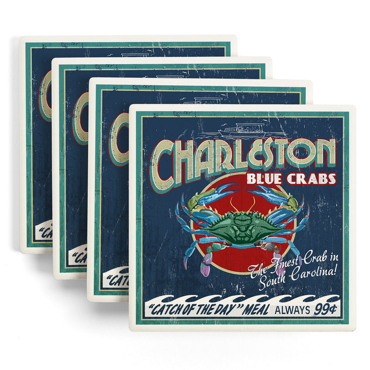 Charleston, South Carolina, Blue Crabs Vintage Sign, Coasters Coasters Lantern Press