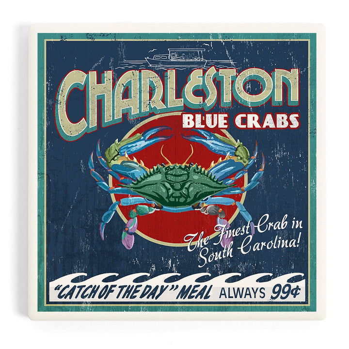 Charleston, South Carolina, Blue Crabs Vintage Sign, Coasters Coasters Lantern Press Coaster