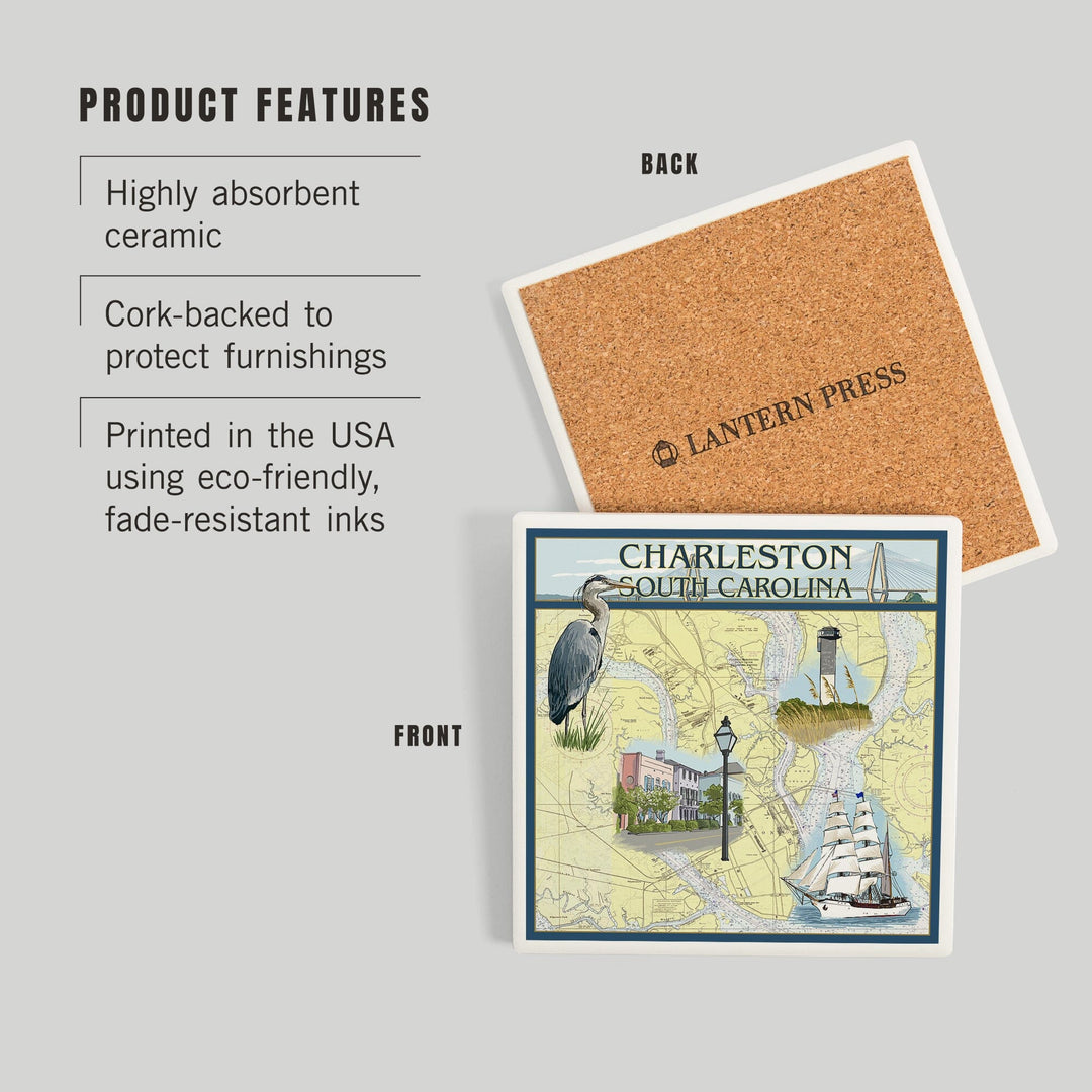 Charleston, South Carolina, Nautical Chart, Coasters Coasters Lantern Press