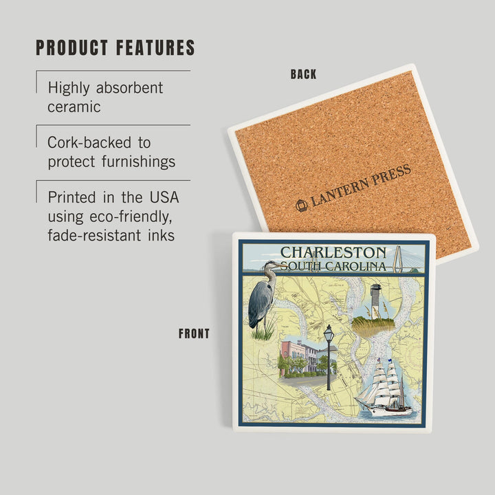 Charleston, South Carolina, Nautical Chart, Coasters Coasters Lantern Press