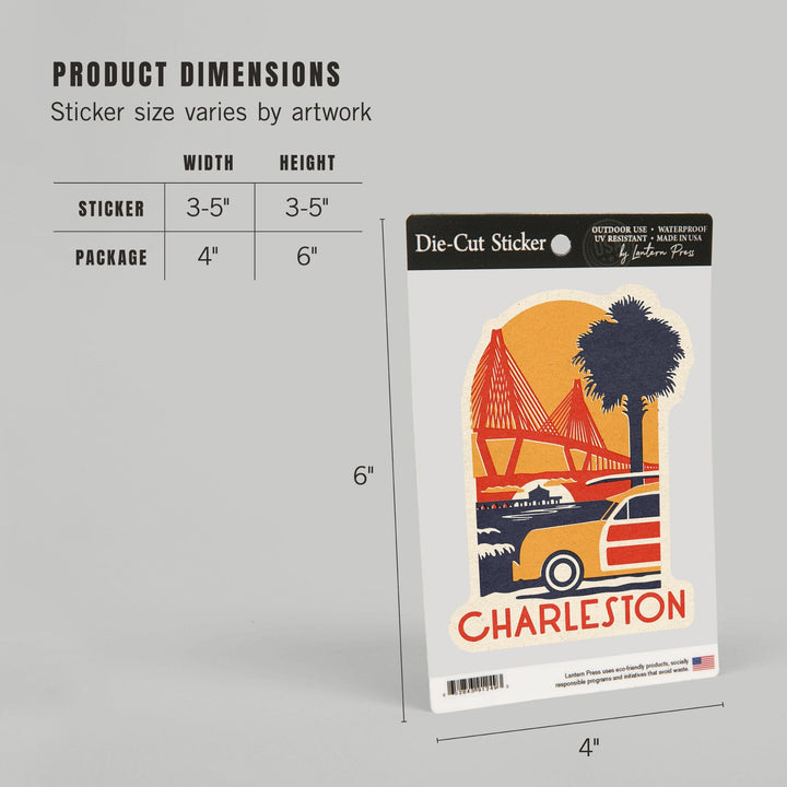 Charleston, South Carolina, Ravenel Bridge, Woodblock, Contour, Lantern Press Artwork, Vinyl Sticker - Lantern Press