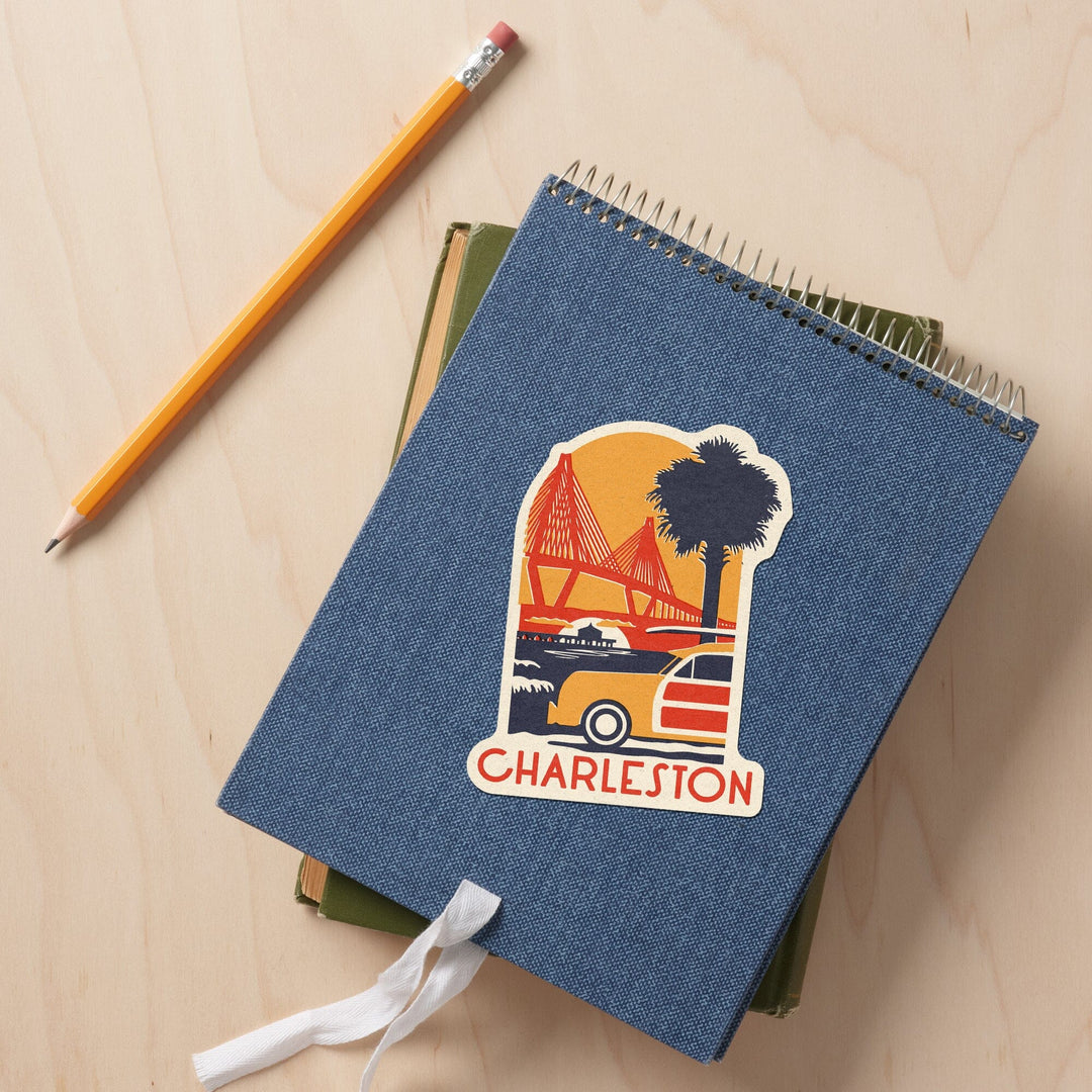Charleston, South Carolina, Ravenel Bridge, Woodblock, Contour, Lantern Press Artwork, Vinyl Sticker - Lantern Press
