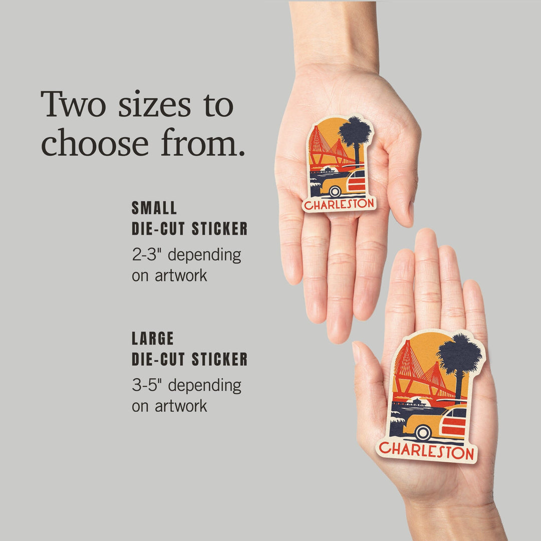 Charleston, South Carolina, Ravenel Bridge, Woodblock, Contour, Lantern Press Artwork, Vinyl Sticker - Lantern Press