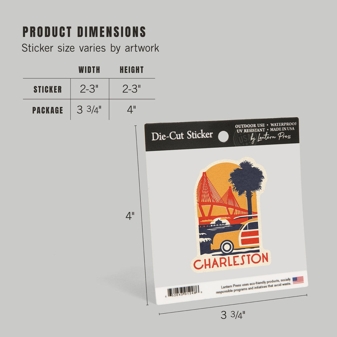 Charleston, South Carolina, Ravenel Bridge, Woodblock, Contour, Lantern Press Artwork, Vinyl Sticker - Lantern Press