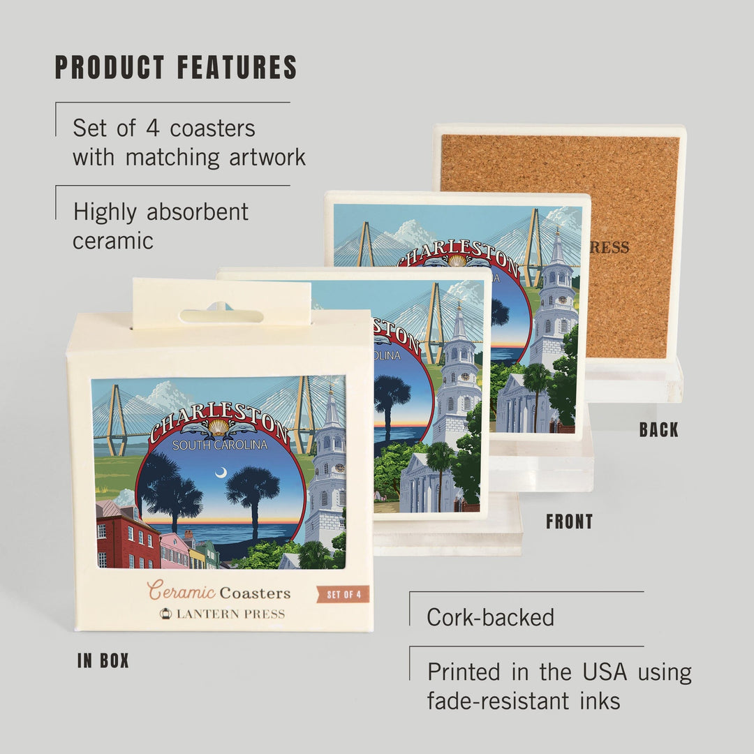 Charleston, South Carolina, Town Views, Coasters Coasters Lantern Press